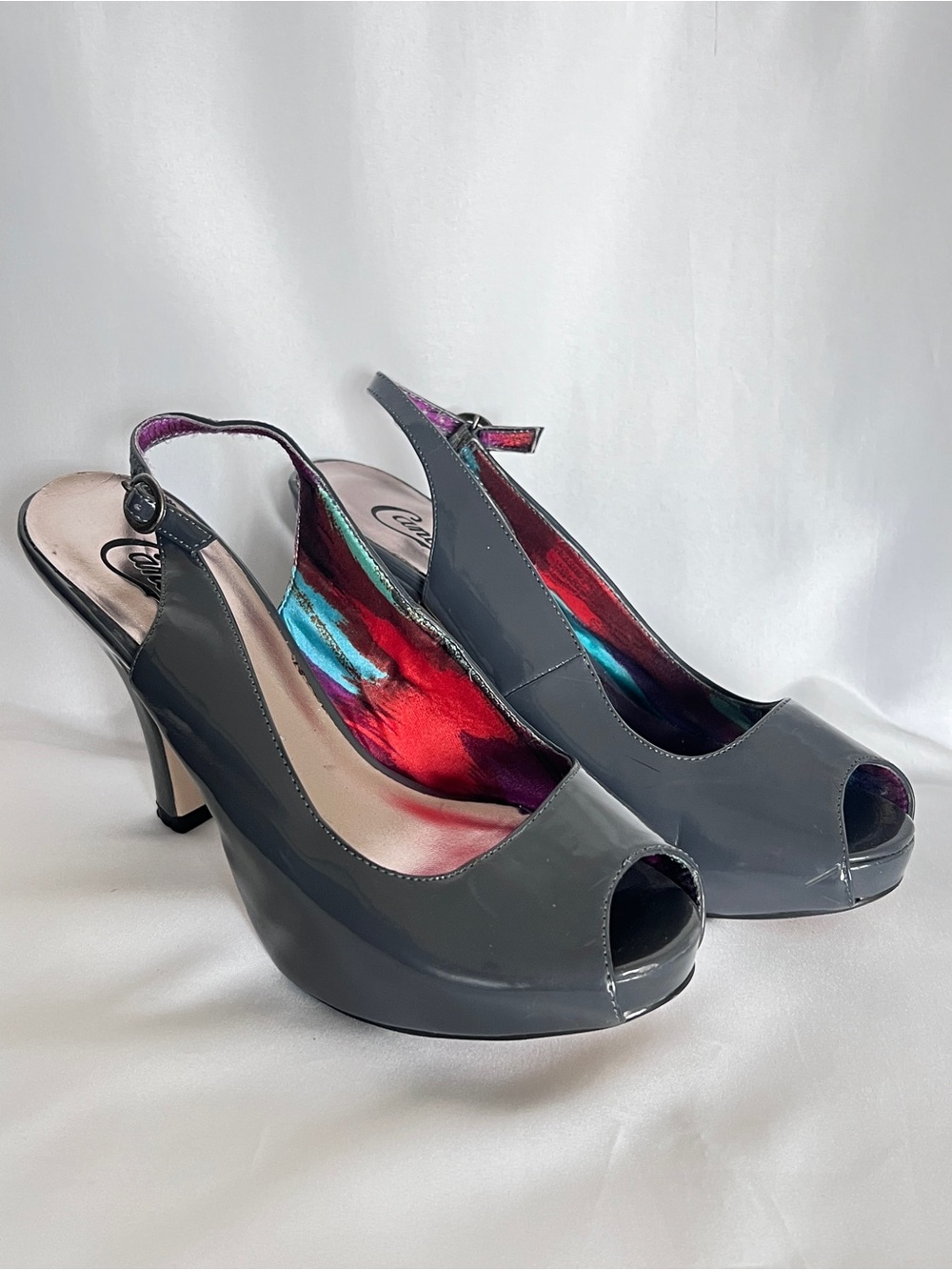 Vintage Candie’s Y2K Grey Patent Peep-Toe Slingback Stiletto Heels Pumps Size 8